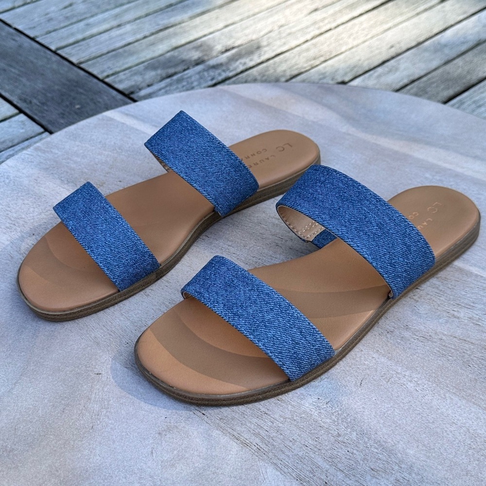 Lauren Conrad LC Womens Slide Sandals Size 8 Blue Denim Double Strap Flat Slides - Picture 5 of 13